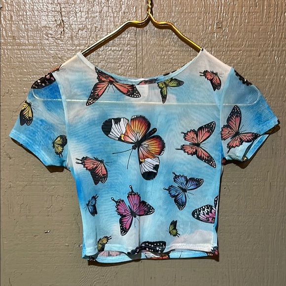 3/$20 Fashion Nova Blue and Purple Butterfly Mesh Crop Top - Picture 2 of 5